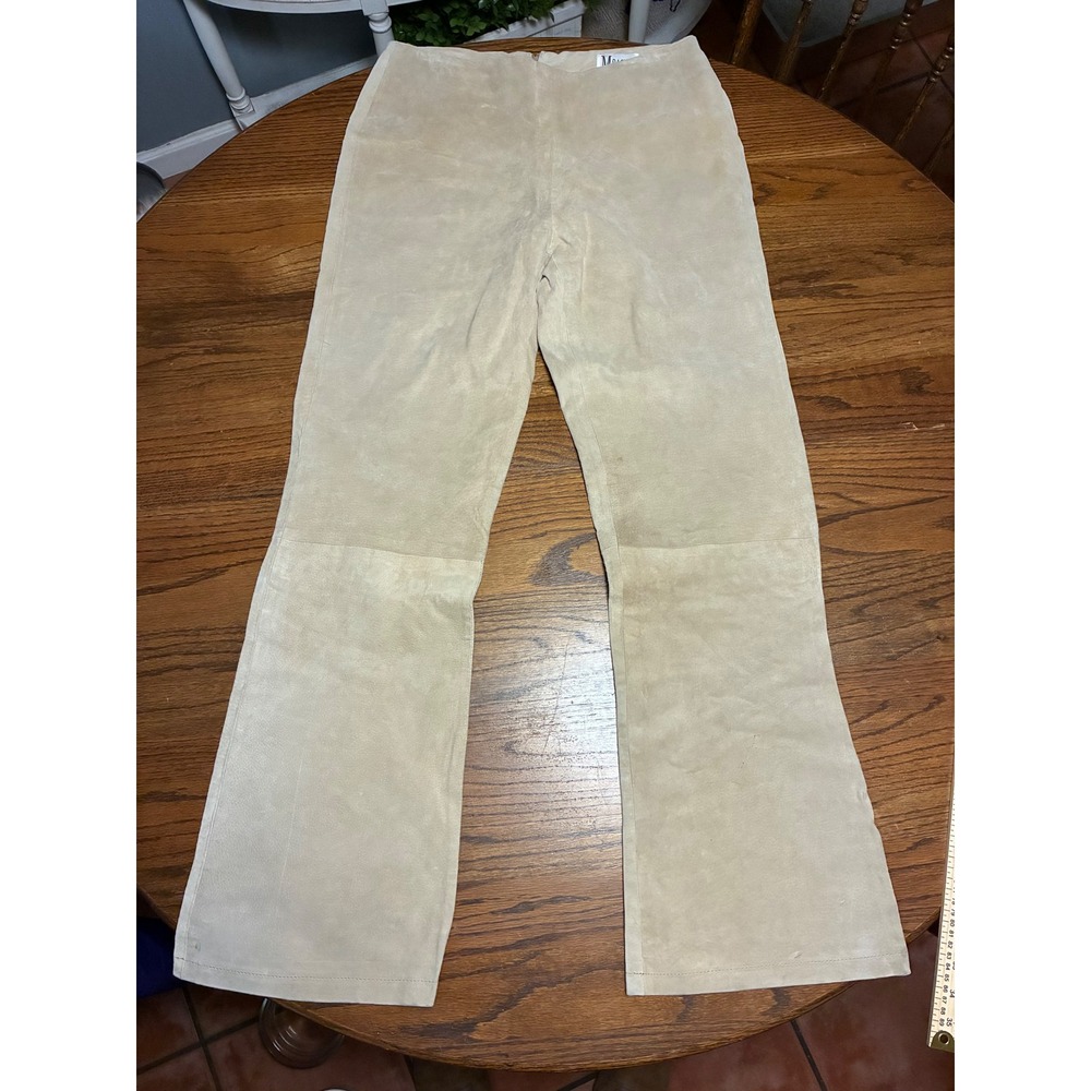 M Basics Vintage Beige Suede Leather Pants High Waisted Flare 13/13 RN72537